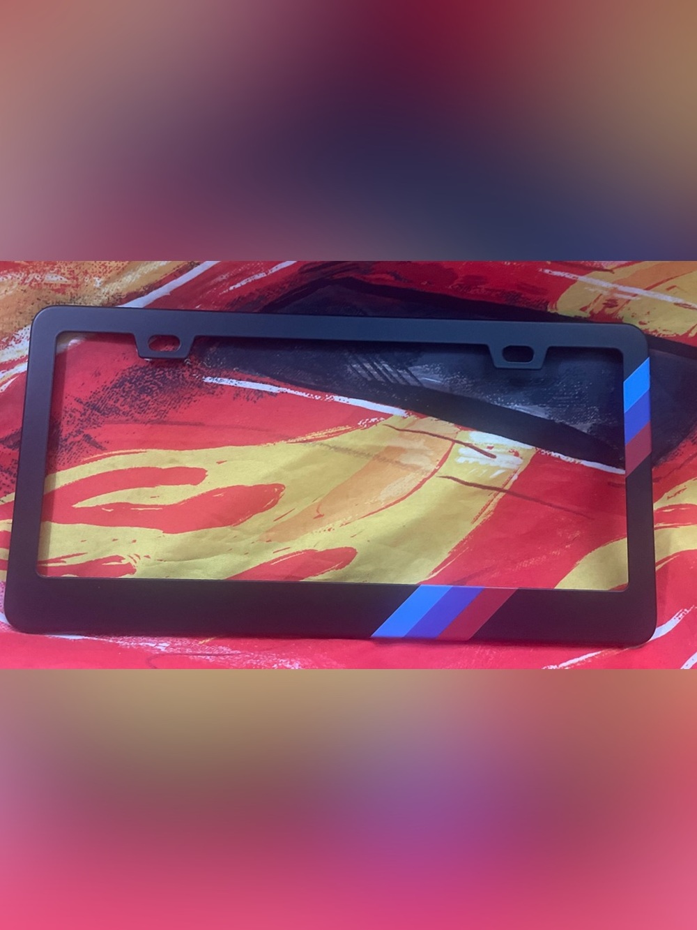 BMW M Black License Plate Frame with Tricolor Stripes NEW